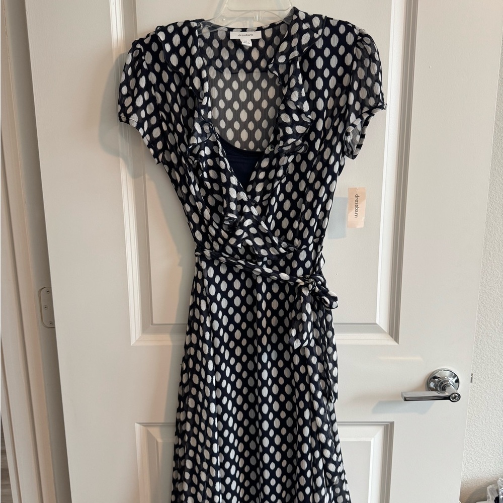 Dressbarn Navy and White Wrap Midi Dress with Cowl Neck